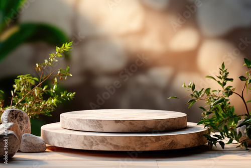 Stone podium is a stage for displaying goods on a natural background © Sunshine