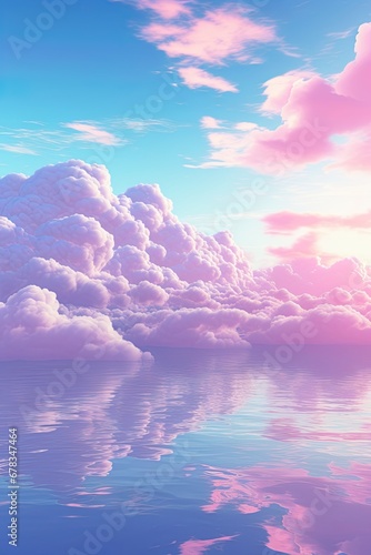 Heavenly sky with fluffy clouds above the water surface. Generative Ai