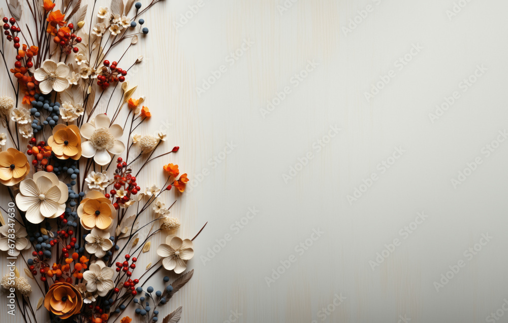 Autumn flowers and leaves on white background with copy space