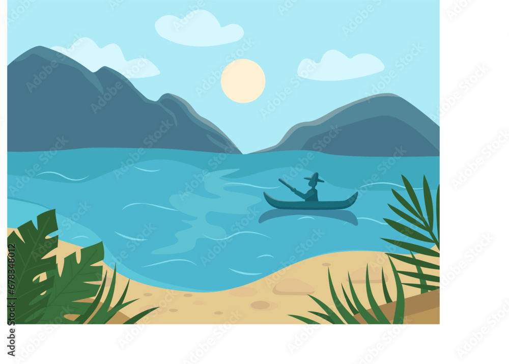 Vector illustration of a man in a canoe paddling on the ocean. Beautiful landscape with ocean, mountains and plants. Flat Art