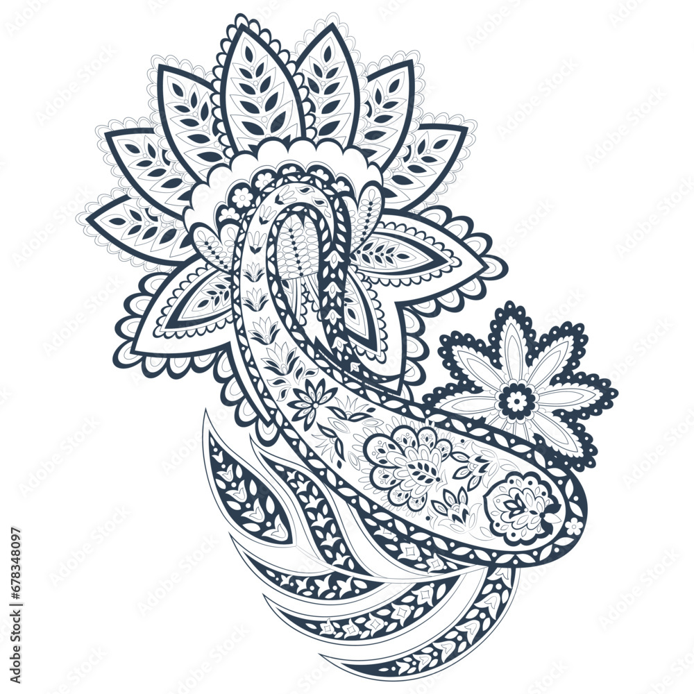 Turkish Cucumber Paisley. Vector pattern in traditional oriental style with flowers, leaves and fantasy elements. 