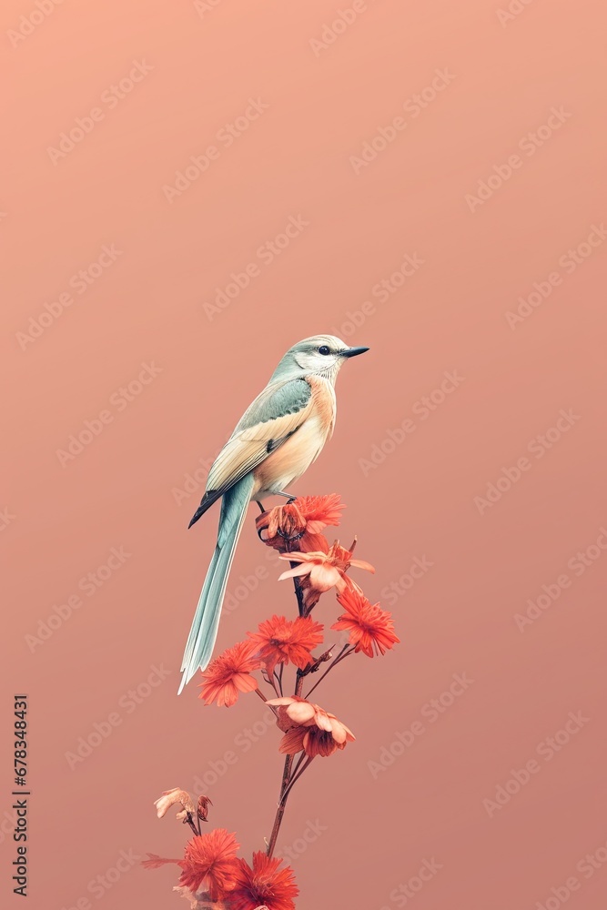Obraz premium A minimalist and simple abstract multi-colored bird on a branch and flowers. Modern wallpaper. Generative AI, AI