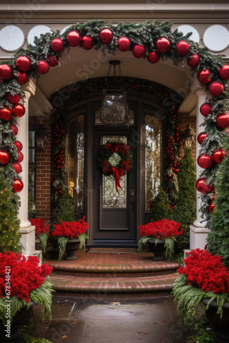 Decorated front door of a house with christmas ornaments.