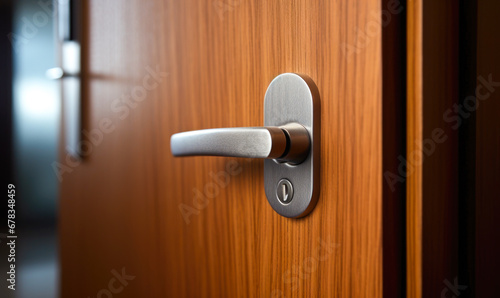 Metal frame with an exterior door handle and security lock. photo