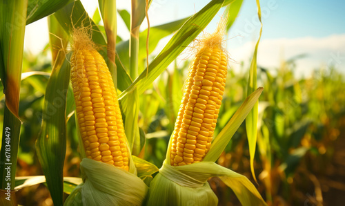 An organic corn field hosts a yellow corn ear with attached kernels on the stalk.