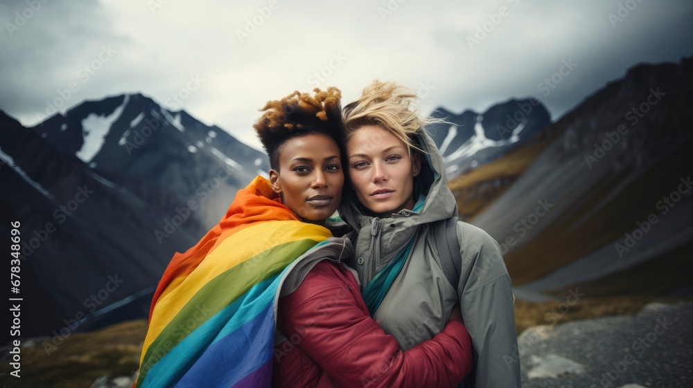 Portrait of a 2 woman with the rainbow flag  in mountains