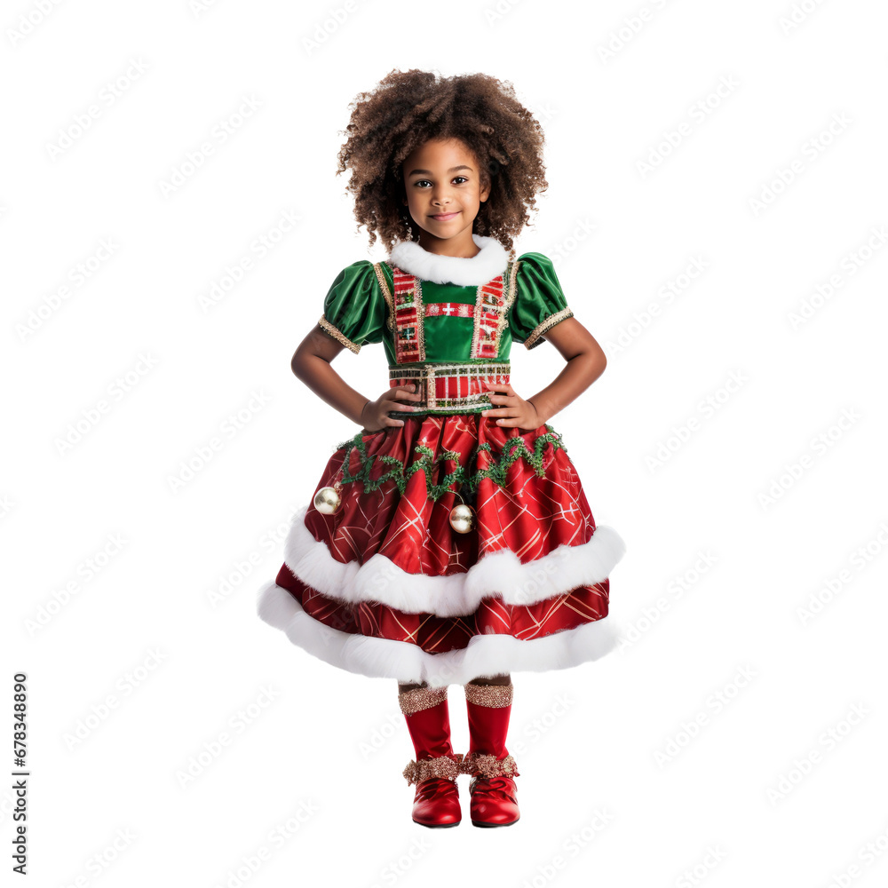 cute african american girl in christmas outfit isolated on transparent background