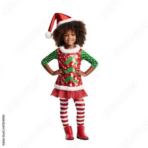 cute african american girl in christmas outfit isolated on transparent background