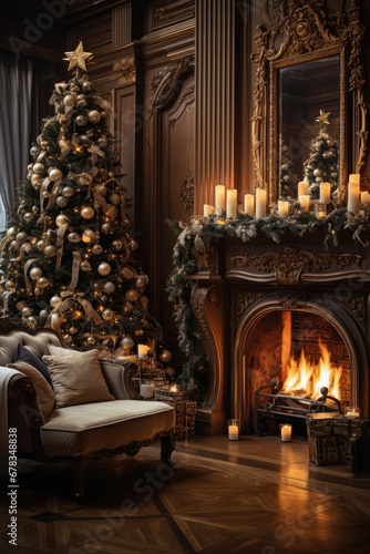 Christmas living room interior with fireplace and Christmas tree. Luxury home. © Synthetica
