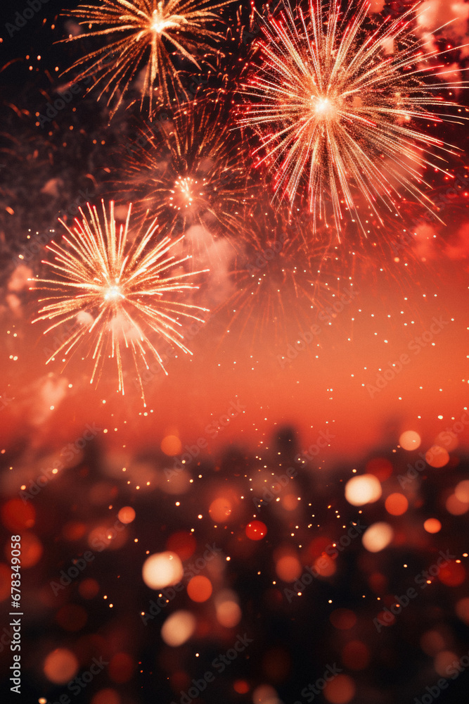 Fototapeta premium Colorful fireworks with bokeh effect on red sky background.