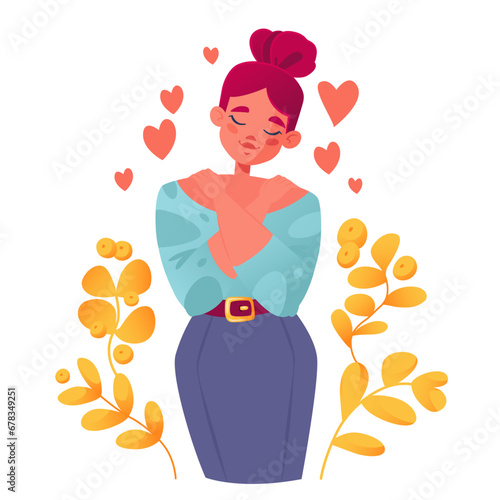 Concept of psychology and self-love. Self-help techniques for increased emotionality or stress. Young girl hugging herself, arms around herself, arms crosswise. Self-care, love and self respect.