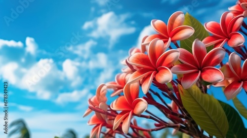 Plumeria or Frangipani flowers with blue sky background. Springtime Concept. Valentine's Day Concept with a Copy Space. Mother's Day.