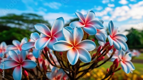 Plumeria or Frangipani flowers with blue sky background. Springtime Concept. Valentine s Day Concept with a Copy Space. Mother s Day.