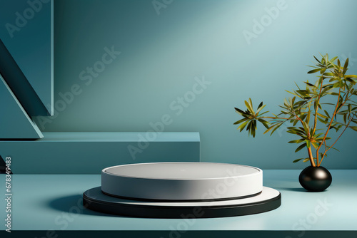 Cylindrical podium on the background of a dusty blue wall and potted plant