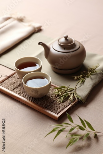 Bamboo mat with teapot and dried leaves on beige background. AI Generated