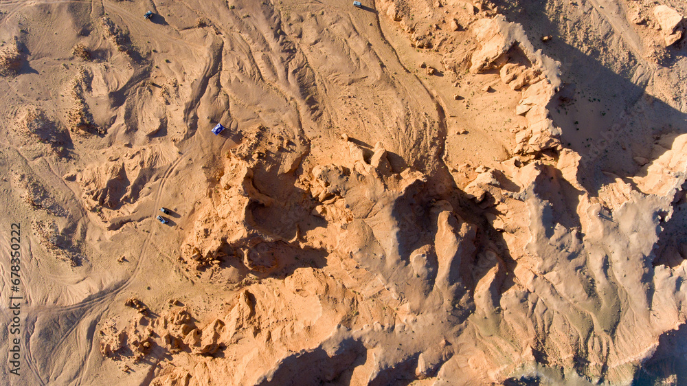 Aerial view of an archaeological site in the Mongolian desert
