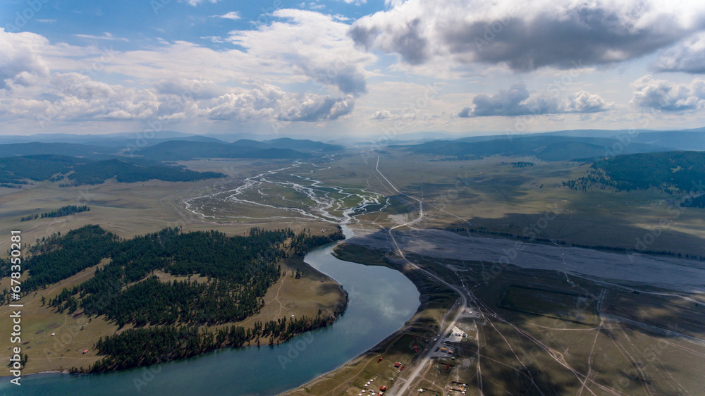 Khatgal Mongolia aerial shot over the Eg river