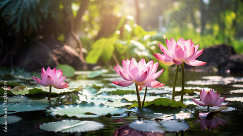 Lotus flowers in a pond. Generative Ai