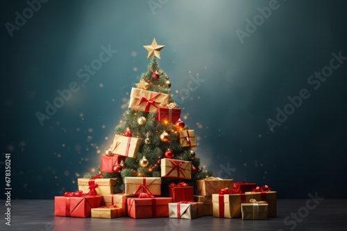 Christmas tree with gifts on blue background. Christmas and New Year concept.
