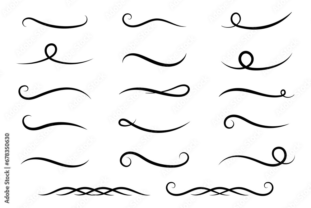 Underline text. Hand drawn collection of curly swishes, swashes, swoops. Calligraphy swirl. Highlight text elements. - obrazy, fototapety, plakaty 