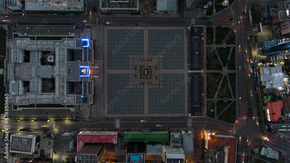 Ulaanbaatar's cityscape with symmetric square design during night