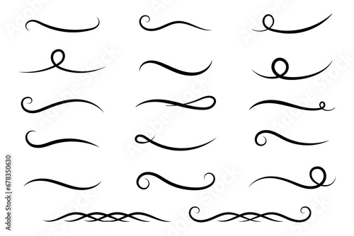 Underline text. Hand drawn collection of curly swishes, swashes, swoops. Calligraphy swirl. Highlight text elements.