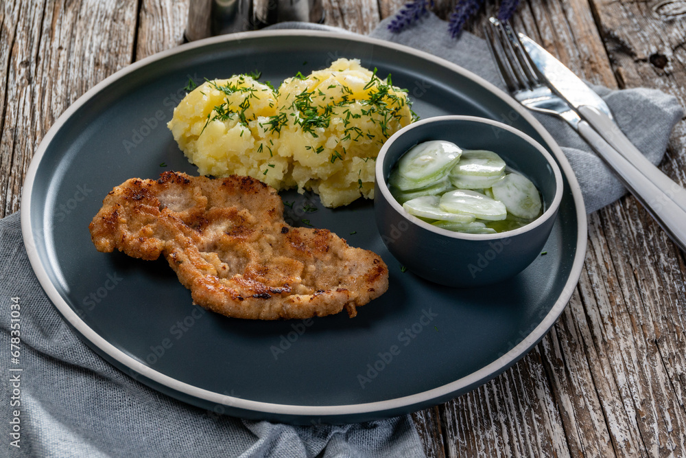 Pork chop served with mashed potatoes and cucumber salad. Pork chop served with mashed potatoes and cucumber salad.