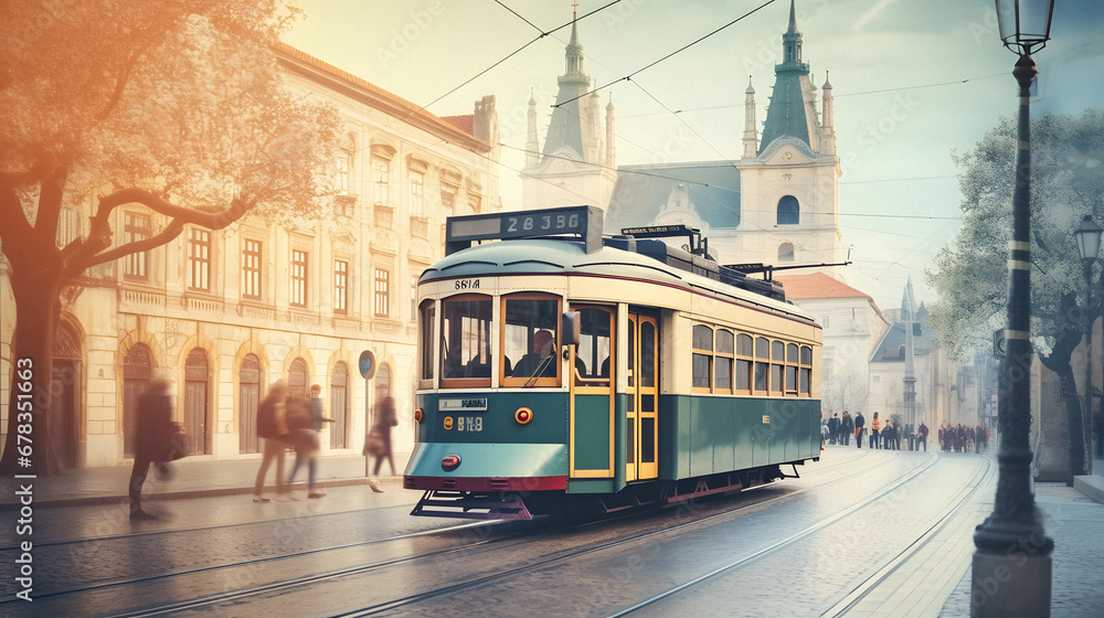 Charming Vintage Tram Passing Through a Historic City Center, Enhanced with Soft and Pastel Tones to Evoke a Nostalgic and Quaint Atmosphere