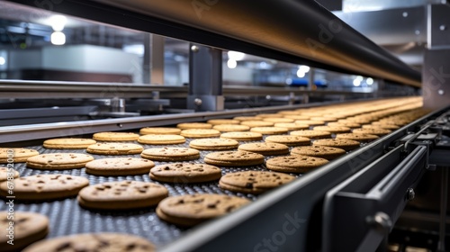 Sweet assembly line! biscuits on a conveyor belt at a factory, a snapshot of the efficient and delicious world of automated production. photo