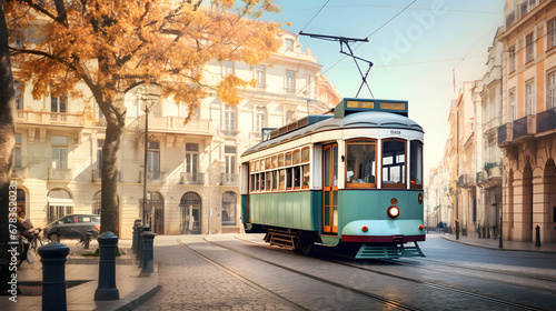 Charming Vintage Tram Passing Through a Historic City Center, Enhanced with Soft and Pastel Tones to Evoke a Nostalgic and Quaint Atmosphere © Aaron Wheeler