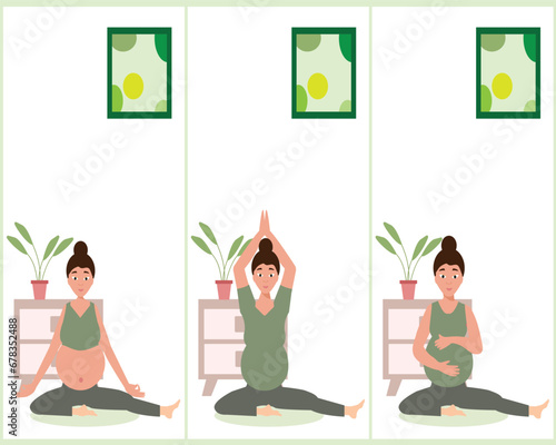 Woman doing meditation and exercise during pregnancy. Yoga in pregnancy concept. Flat vector illustration isolated on white background.