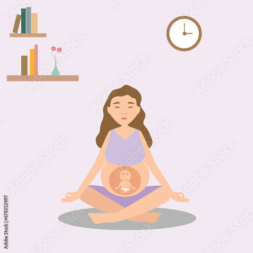 Woman doing meditation and exercise during pregnancy. Yoga in pregnancy concept. Flat vector illustration isolated on white background.