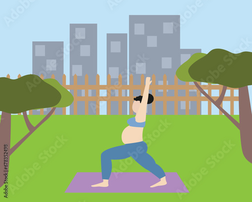 Woman doing meditation and exercise during pregnancy. Yoga in pregnancy concept. Flat vector illustration isolated on white background.