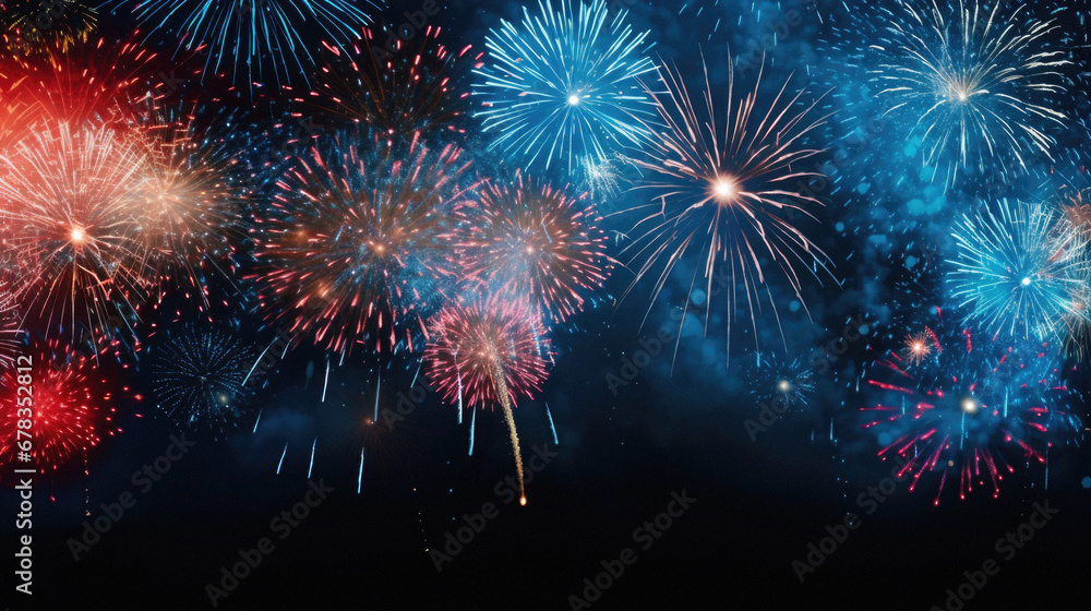 Fototapeta premium Colorful fireworks of various colors over night sky background with space for text.