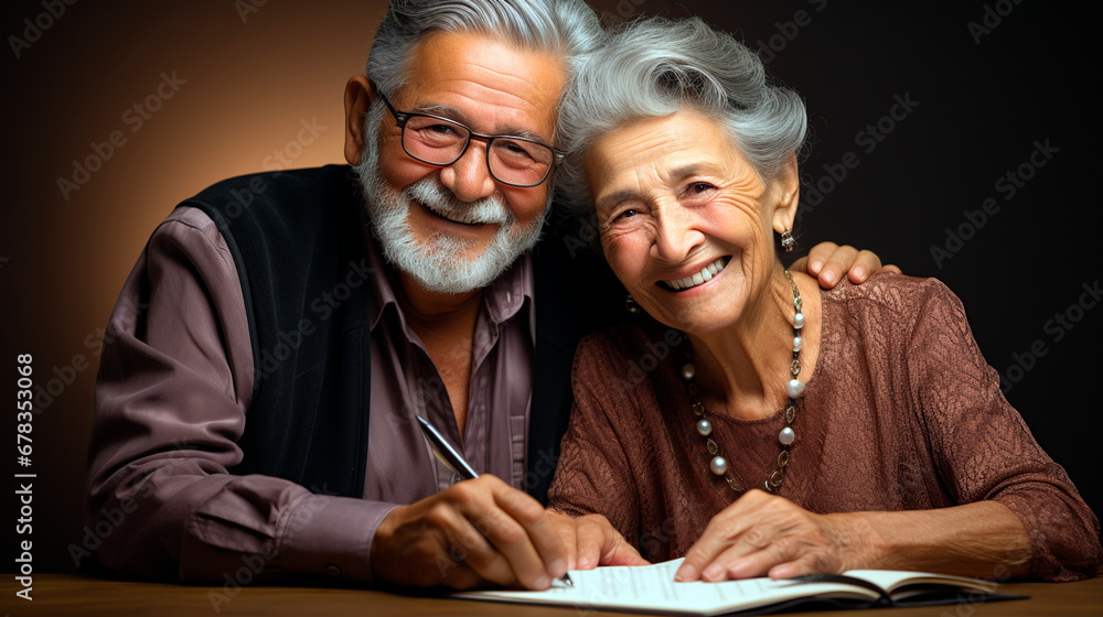 Senior couple signing a contract on a black background, close-up