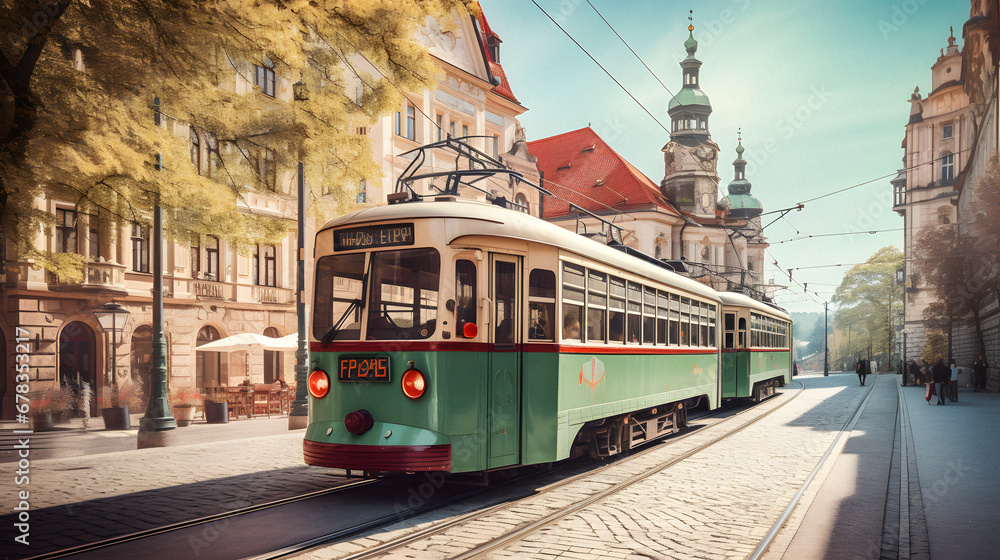 Fototapeta premium Charming Vintage Tram Passing Through a Historic City Center, Enhanced with Soft and Pastel Tones to Evoke a Nostalgic and Quaint Atmosphere