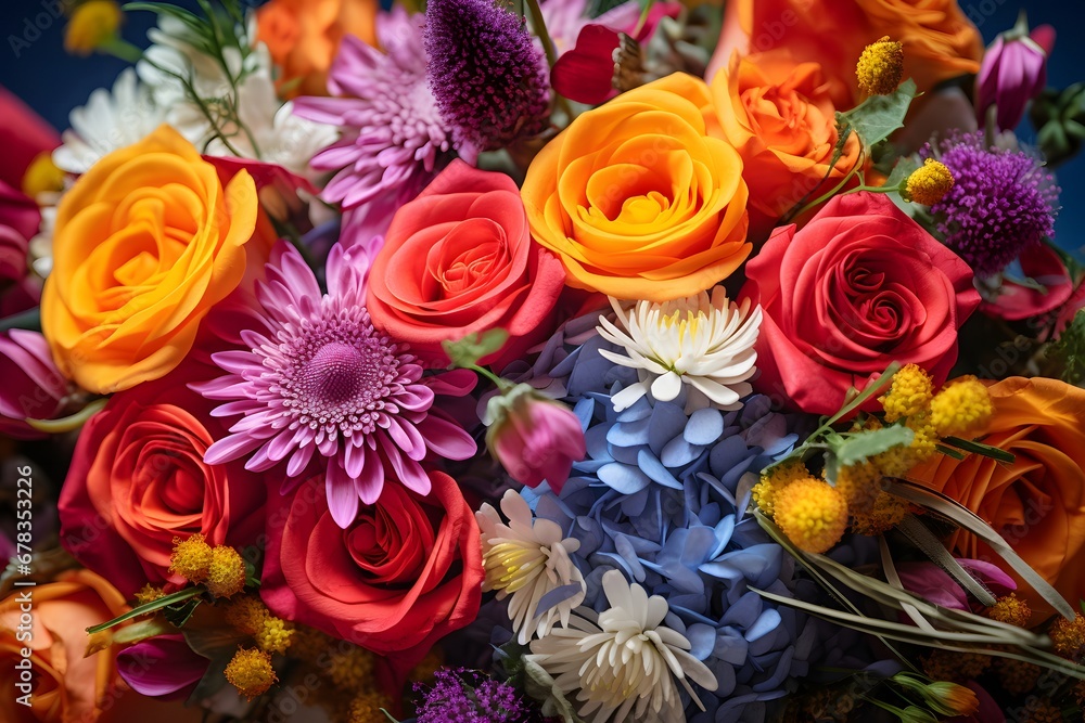 Beautiful, vivid, colorful mixed flower bouquet still life detail.