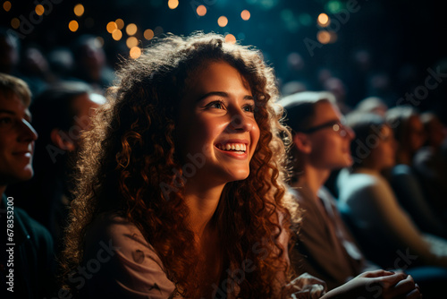 Portrait of beautiful young woman with curly hair looking at camera and smiling while sitting in cinema