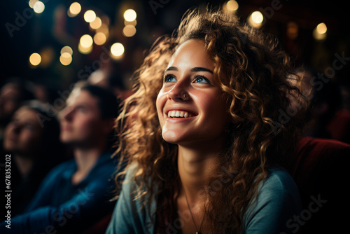Beautiful young woman with long curly hair looking at the camera while sitting in a cinema