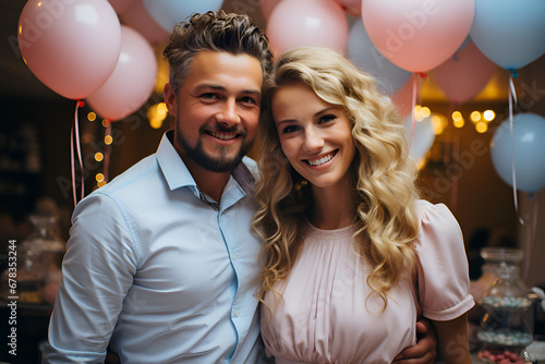 Couple of young parents at a gender reveal party