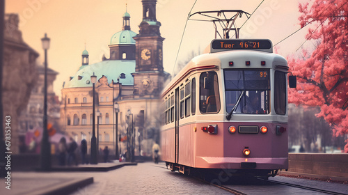 Charming Vintage Tram Passing Through a Historic City Center, Enhanced with Soft and Pastel Tones to Evoke a Nostalgic and Quaint Atmosphere