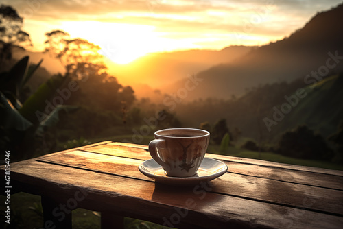 Coffee cup with hot coffee on sunset. Morning coffee in mug on table in village. Breakfast with coffee in mountain landscape. Cappuccino in cup on table in morning. Aromatic espresso caffeine drink