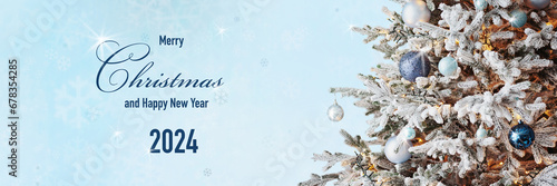 Art greeting card with text Merry Christmas and Happy New Year 2024, frame, wide panoramic banner. Christmas tree on light blue background. Winter xmas holiday theme