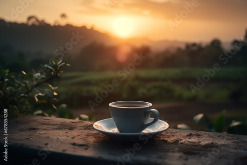 Coffee cup with hot coffee on sunset. Morning coffee in mug on table in village. Breakfast with coffee in mountain landscape. Cappuccino in cup on table in morning. Aromatic espresso caffeine drink