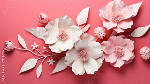 Artistic elegance  Handmade paper art featuring a cut white flower on a pink background.