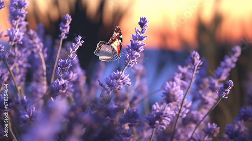Paysage de fleurs dans un champs avec un beau papillon sur fond ensoleillé. Champêtre, nature, plante. Fond pour conception et création graphique. photo