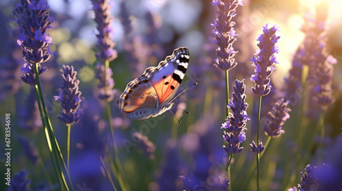 Paysage de fleurs dans un champs avec un beau papillon sur fond ensoleillé. Champêtre, nature, plante. Fond pour conception et création graphique.