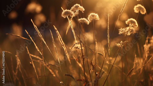 Paysage de blés, céréales, fleurs dans un champs avec fond ensoleillé. Champêtre, nature, plante. Fond pour conception et création graphique. © FlyStun
