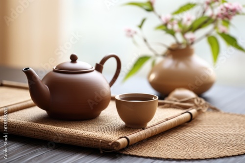 Bamboo mat with teapot and dried leaves on beige background. AI Generated