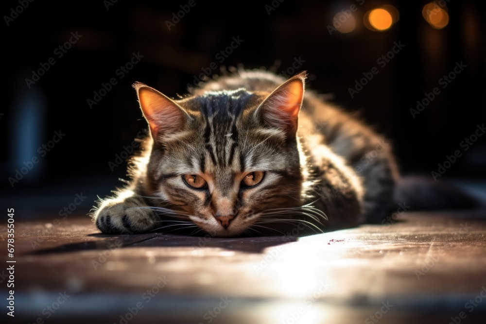 Cat lying on the floor in a dark room